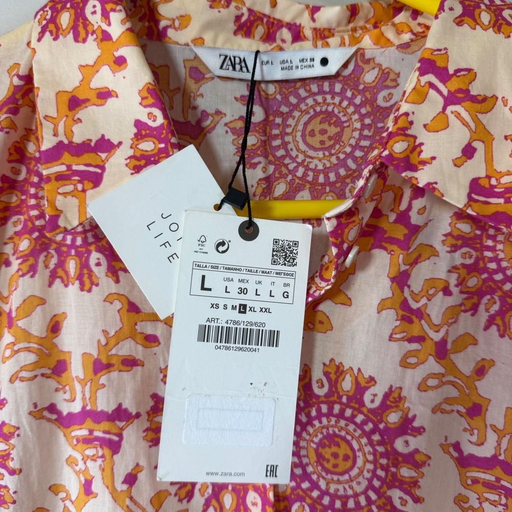 NWT Zara Sun Medallion Mini Dress Women L Pink Orange Ruffle Cotton Boho No Belt - Picture 3 of 8